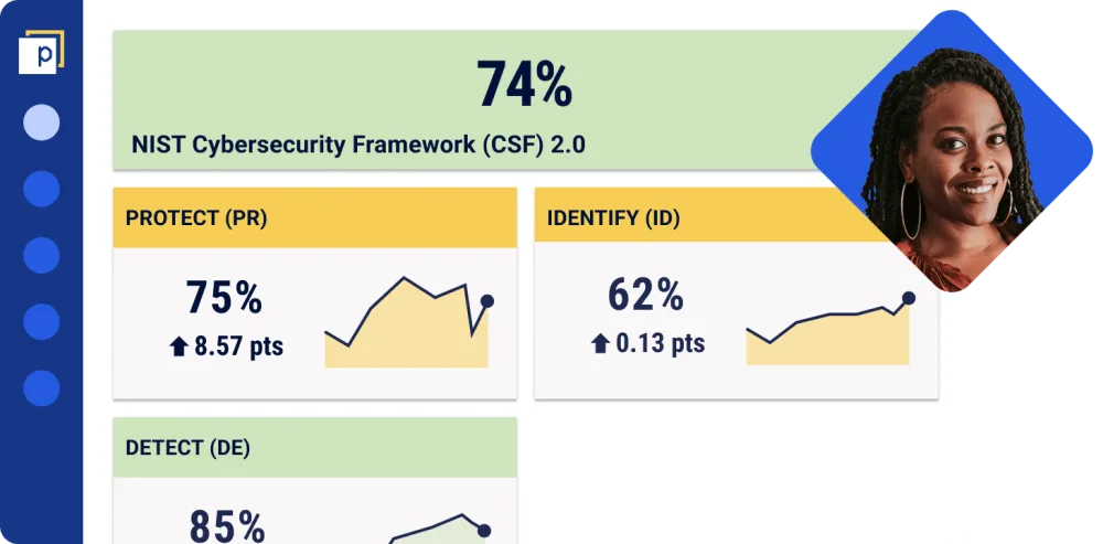 A simplified Panaseer dashboard showing tiles for NIST Cybersecurity Framework, protect, identify and detect, with an avatar of a smiling black woman in a blue diamond background.